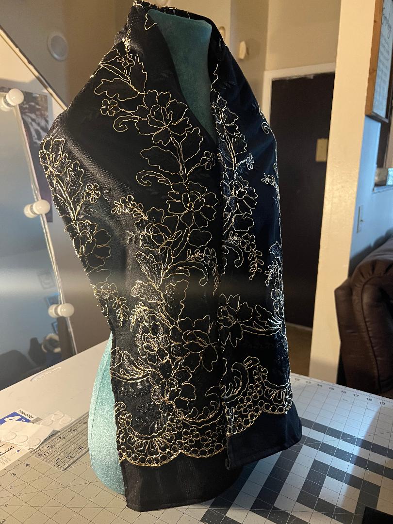 Custom Machine washable scarf-like black and gold lace fabric