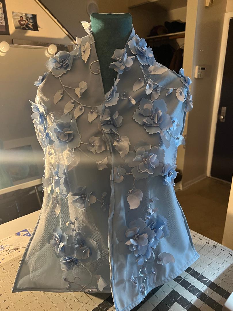 Custom Machine washable scarf-like LIGHT BLUE 3D FLOWER LACE APPLIQUE