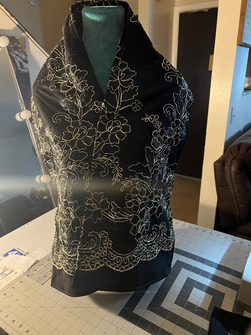 Custom Machine washable scarf-like black and gold lace fabric