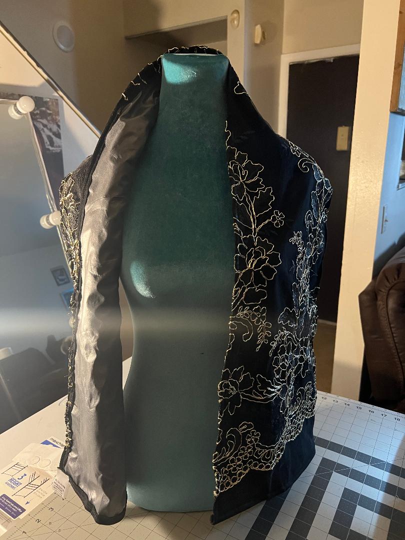 Custom Machine washable scarf-like black and gold lace fabric