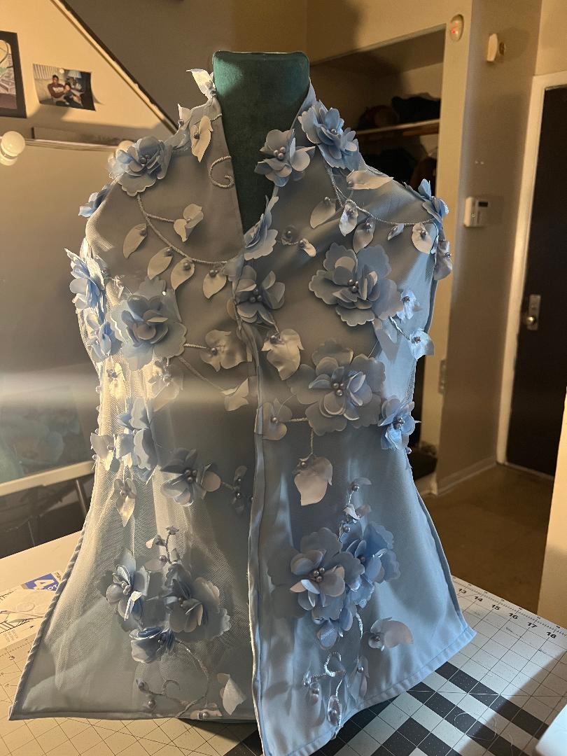 Custom Machine washable scarf-like LIGHT BLUE 3D FLOWER LACE APPLIQUE